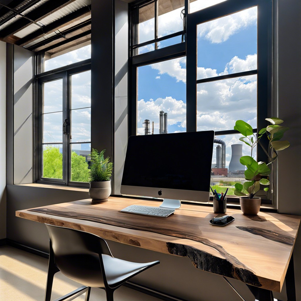 industrial look combine raw wood with metal legs locating desk next to an industrial style window frame