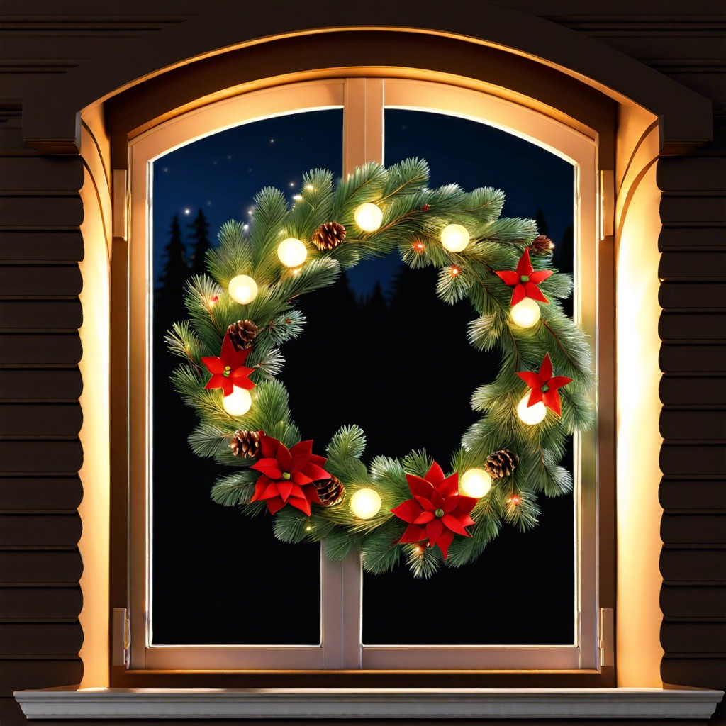 lighted wreath hang a large wreath with led lights centered on each window