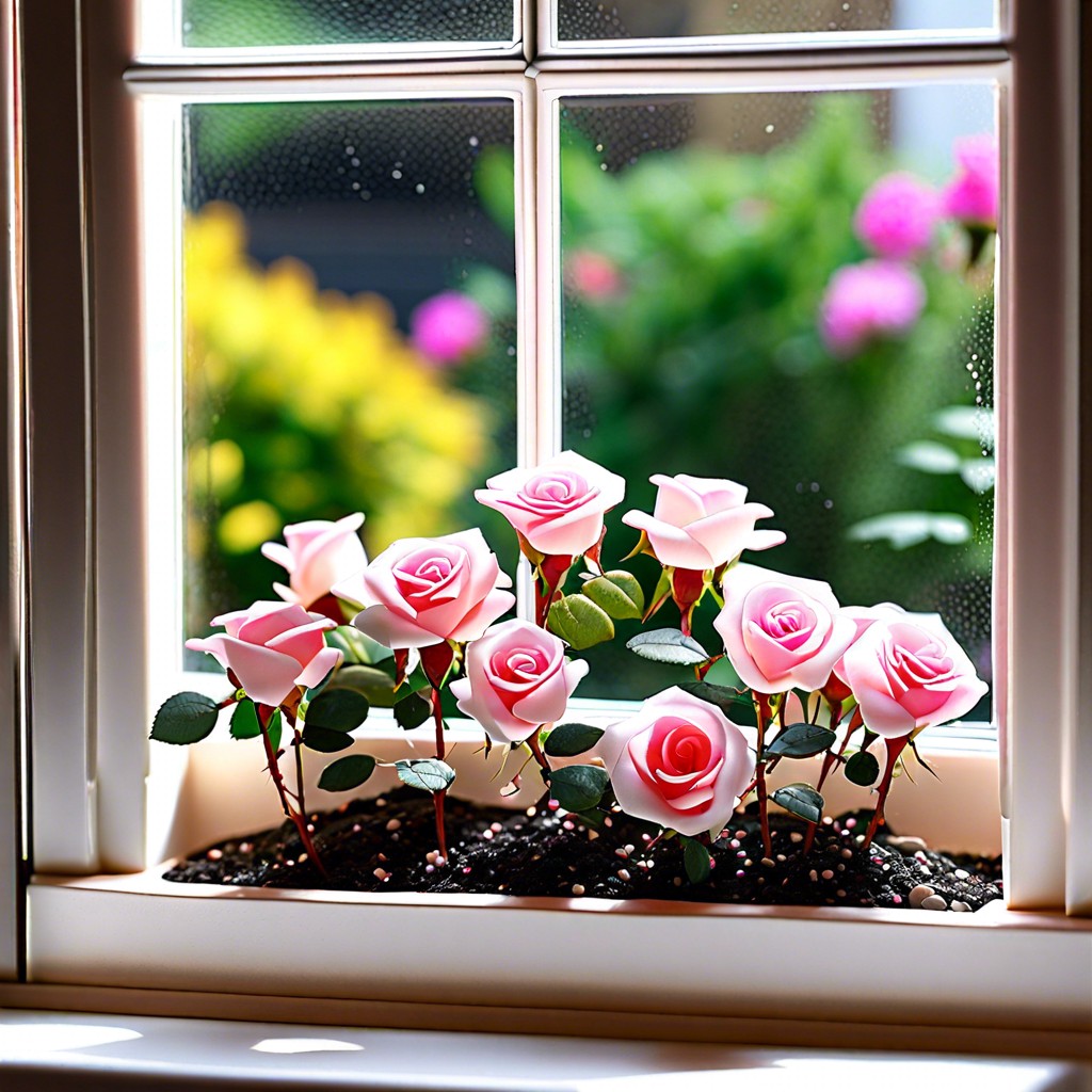 miniature rose bushes with white pebble mulch