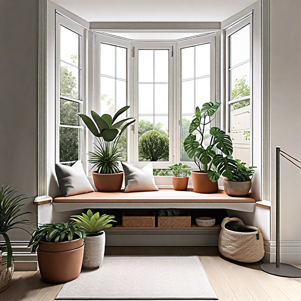 minimalist bench with a collection of potted plants