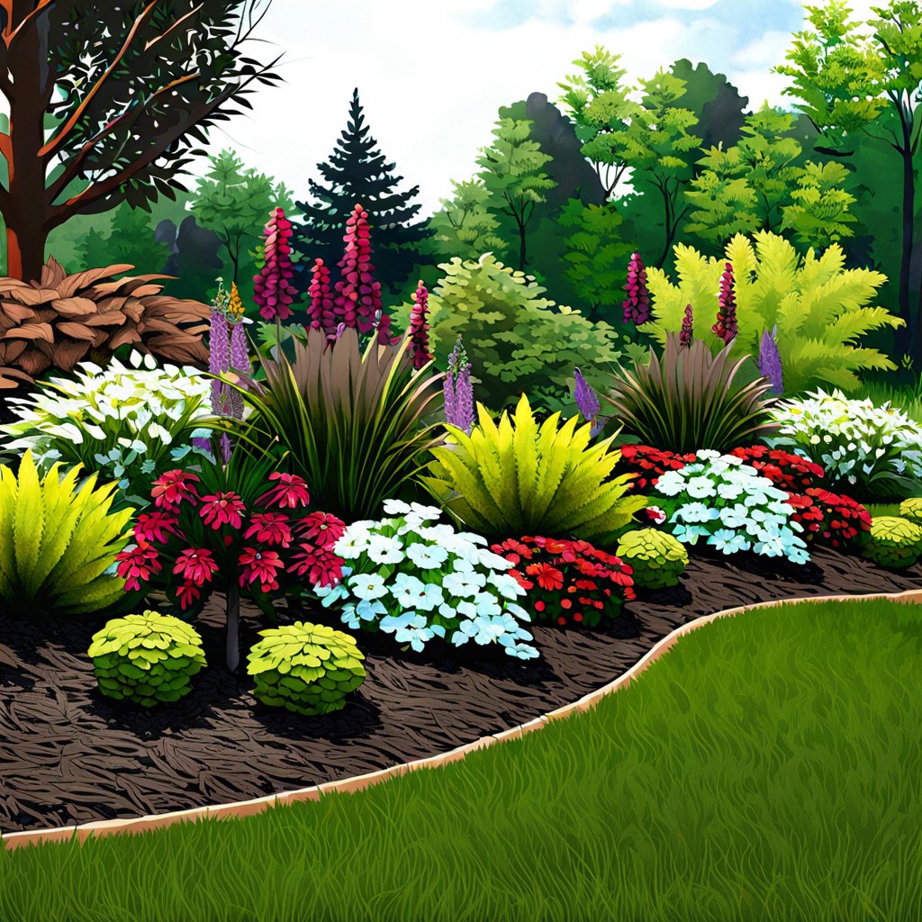 mixed height perennials with decorative mulch