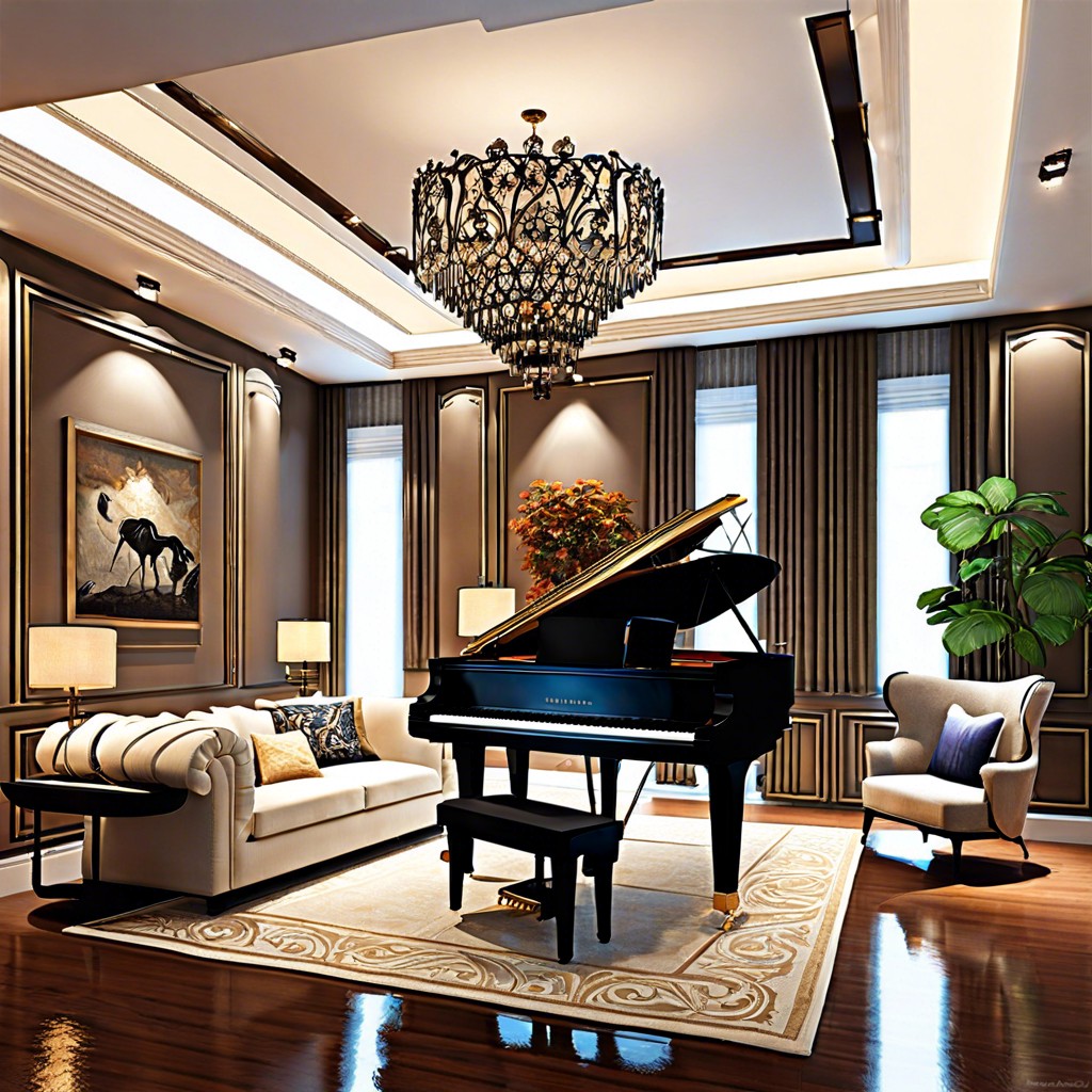 music corner with a grand piano or string instruments showcased