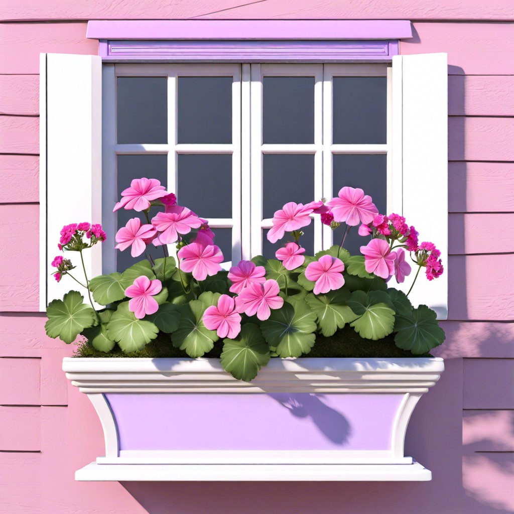 pink geraniums with lavender