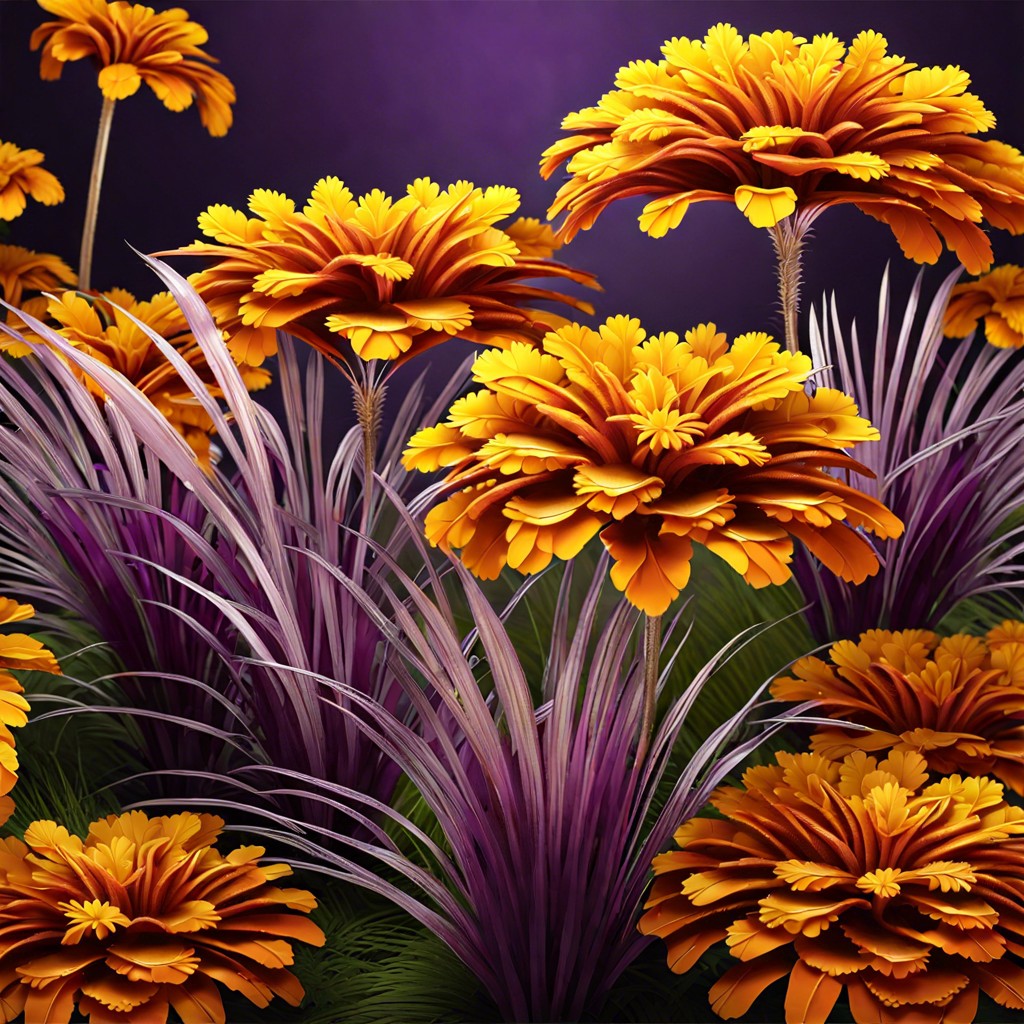 purple fountain grass with marigolds