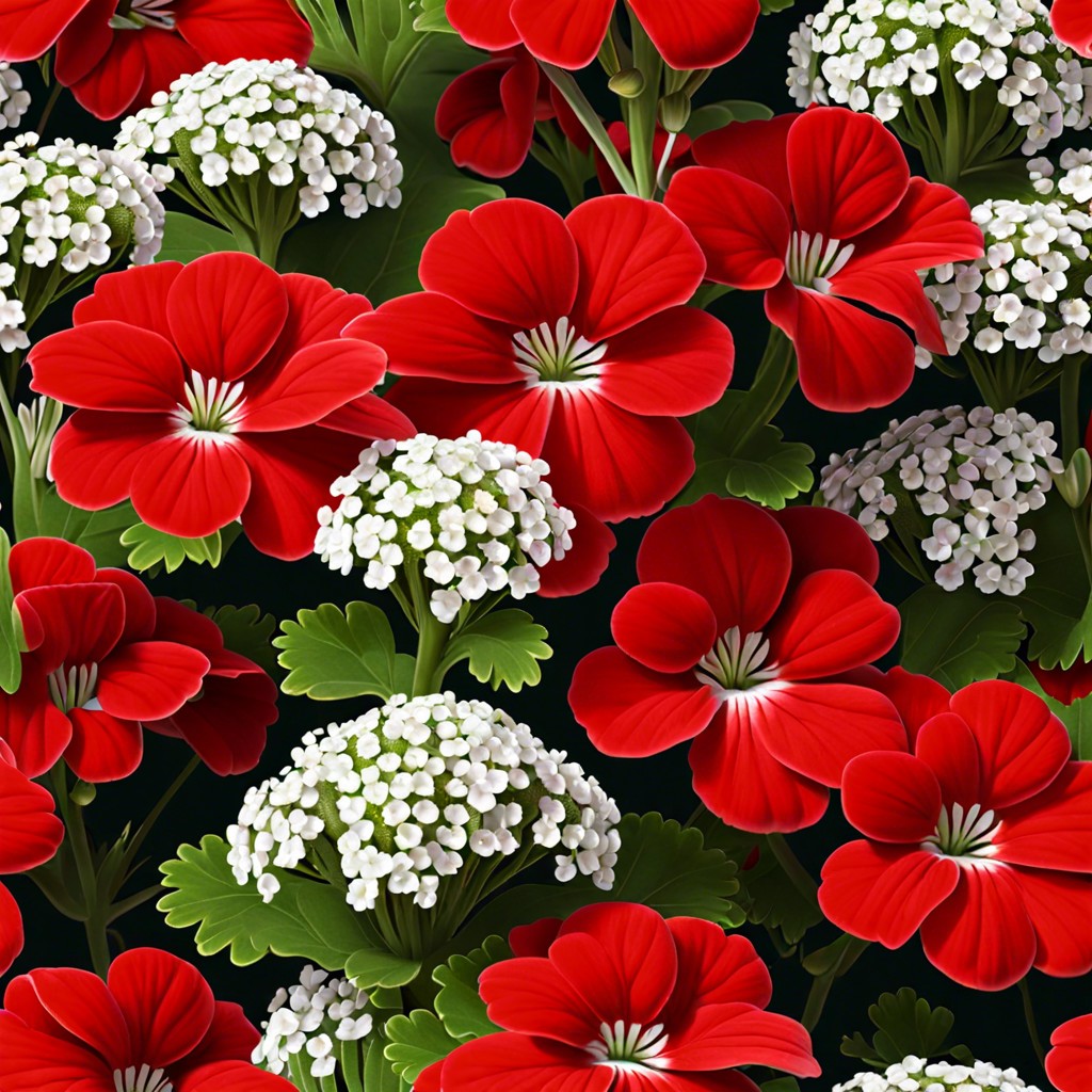 red geraniums with white alyssum