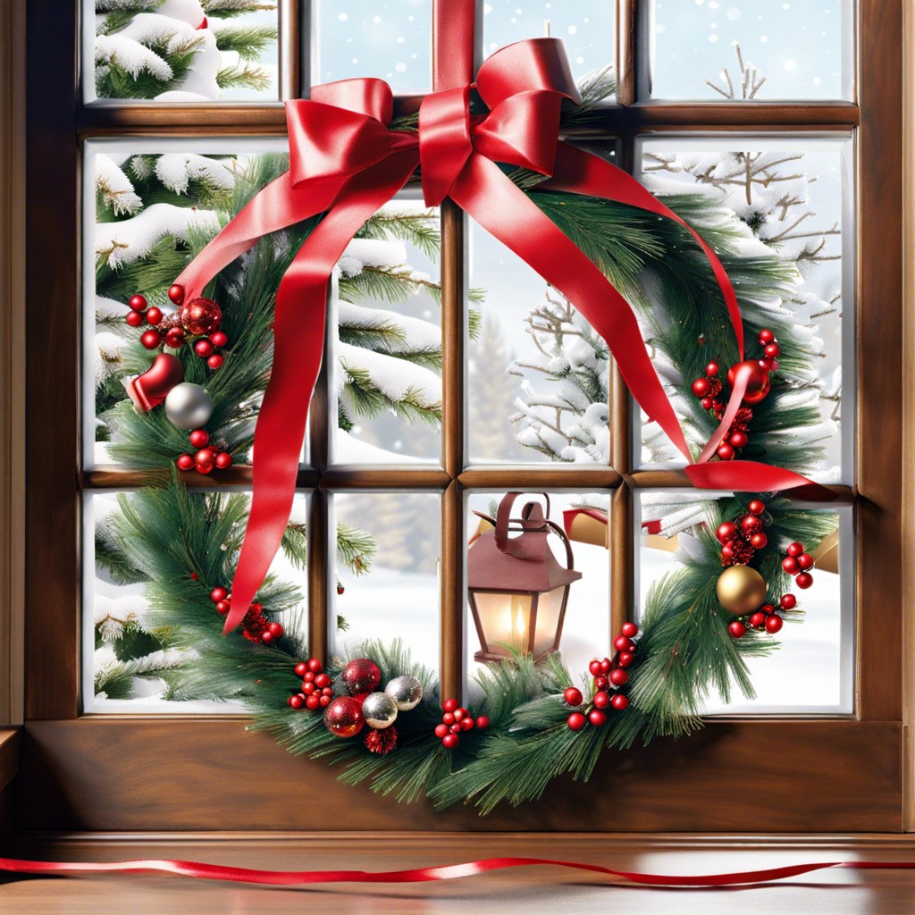 ribbon showcase crisscross ribbons across the window pane attaching cards and small wreaths