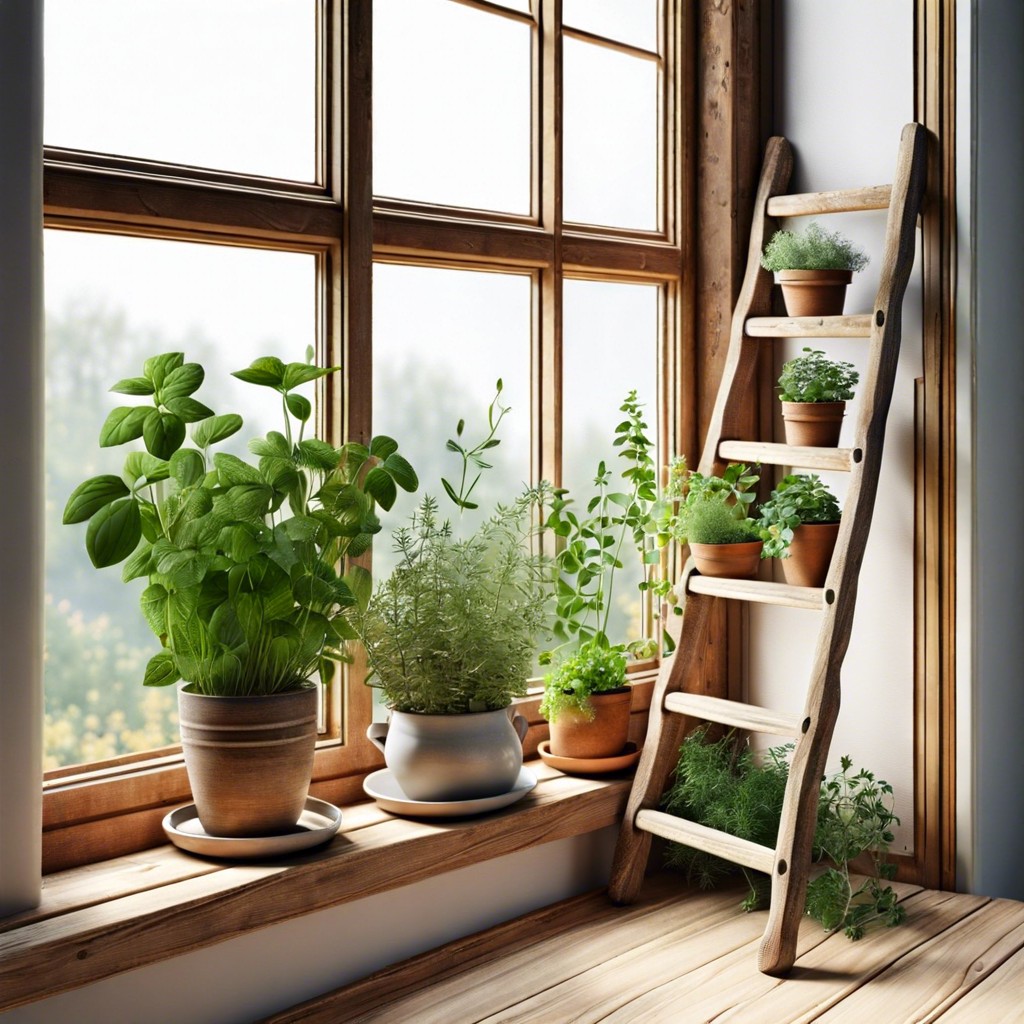 rustic wooden ladder with potted herbs