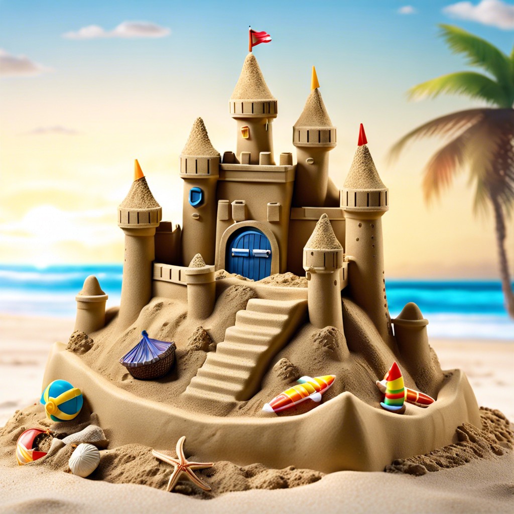 sandcastle display featuring impressive sandcastle structures interspersed with beach toys