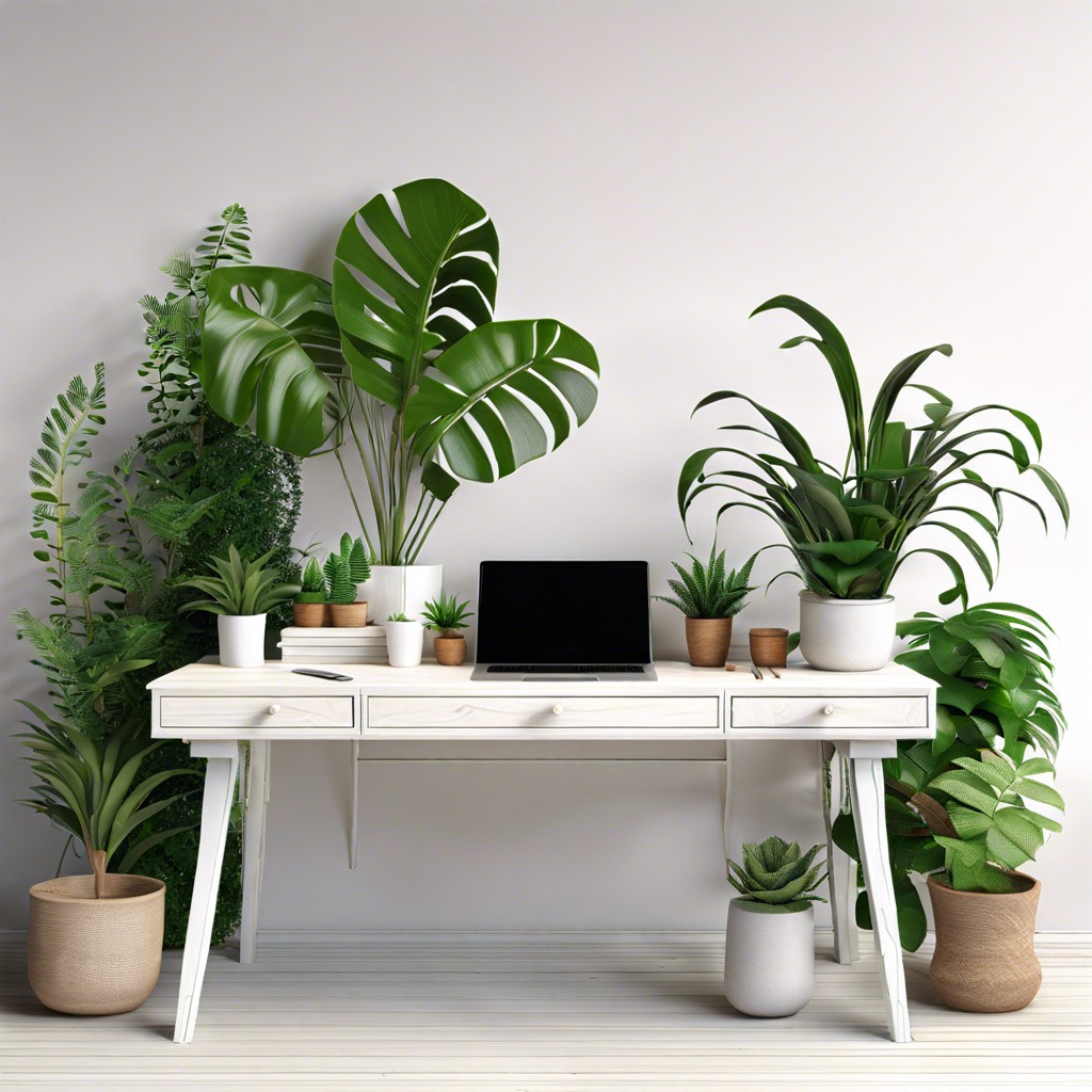 scandinavian minimalism opt for a white wooden desk with slender legs and a simple chair complemented by green plants