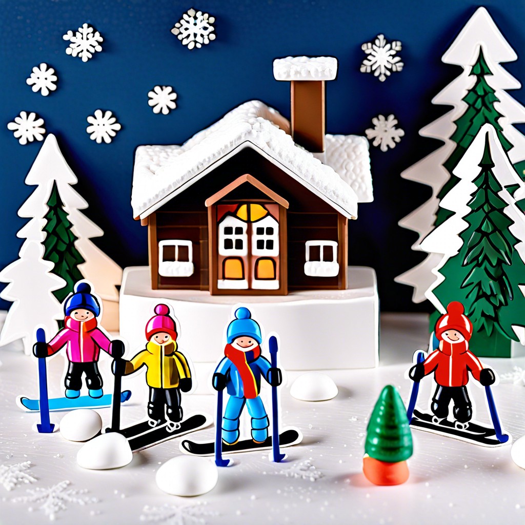 ski lodge with mini skiers on snowy slopes