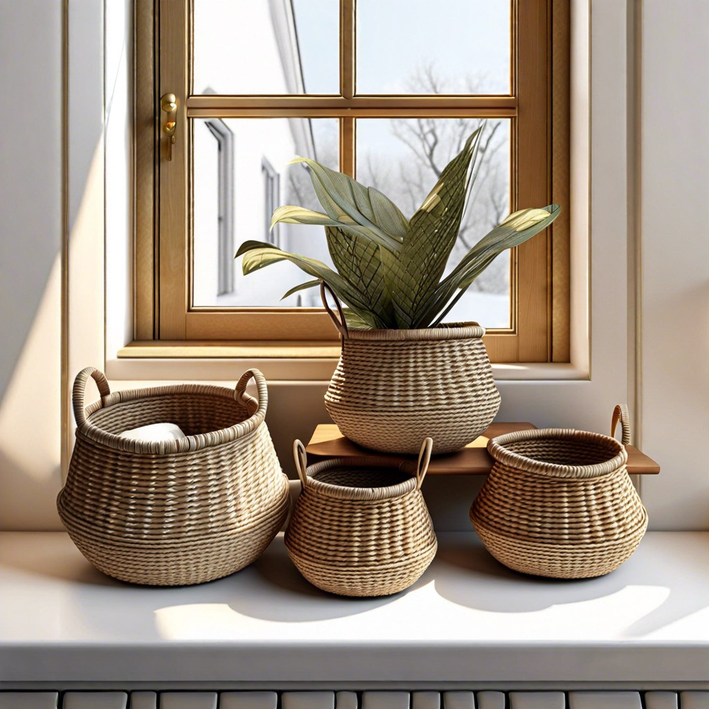 small woven baskets on window sill for storage