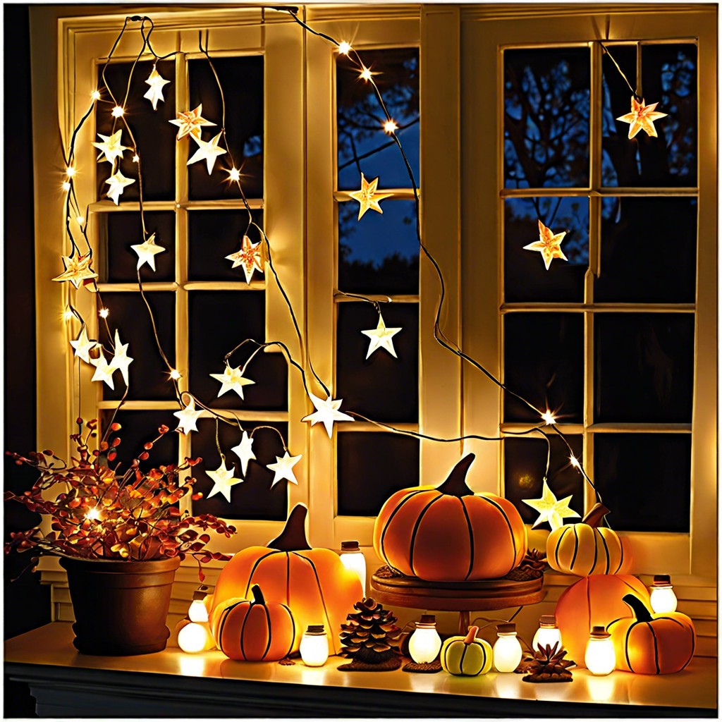 starry autumn nights twinkling lights overhead with a night sky backdrop and fall foliage
