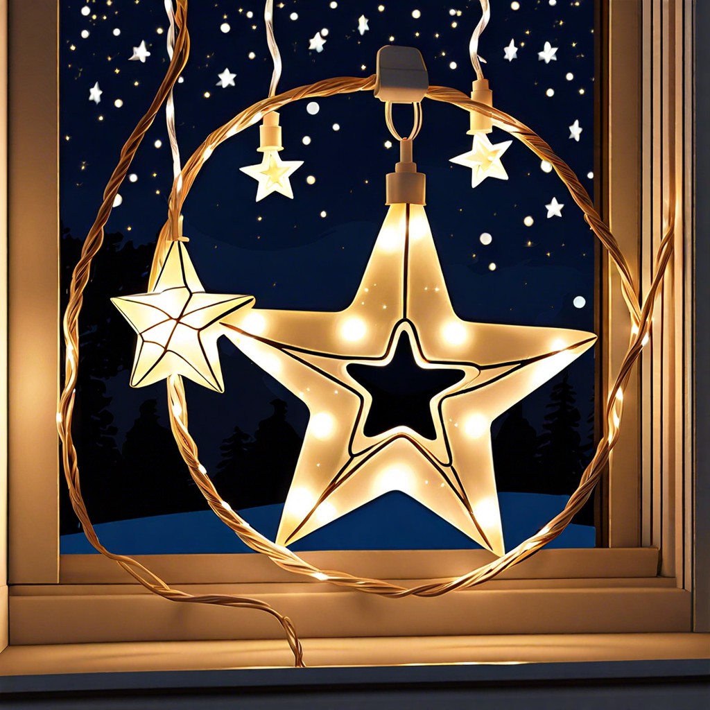 starry sky affix string lights in star and moon shapes on the window panes