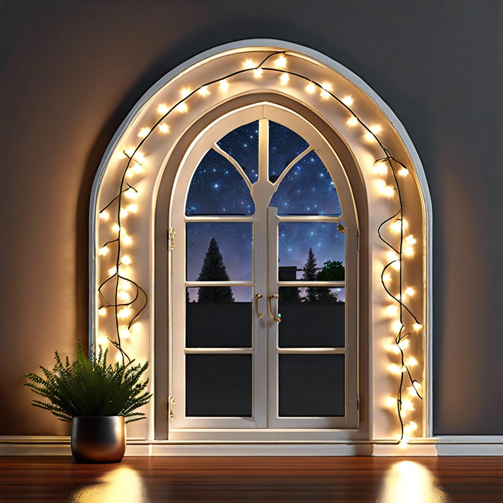 stringing fairy lights around the window frame