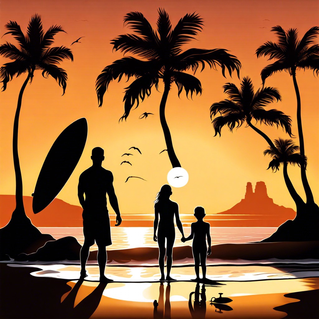 sunset beach scene with a gradient sky backdrop and silhouette cutouts of families and surfers