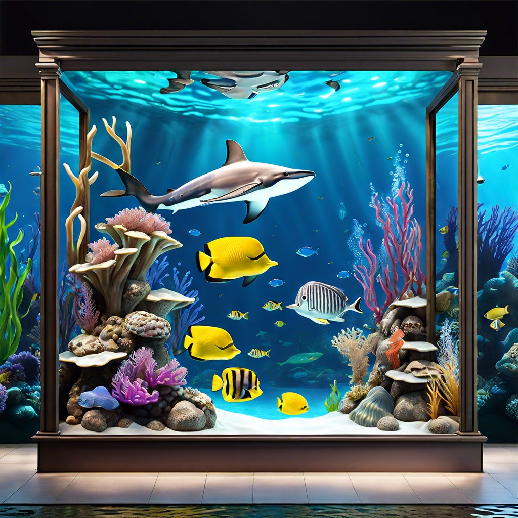 underwater adventure featuring blue translucent fabrics bubbles and diverse sea life models