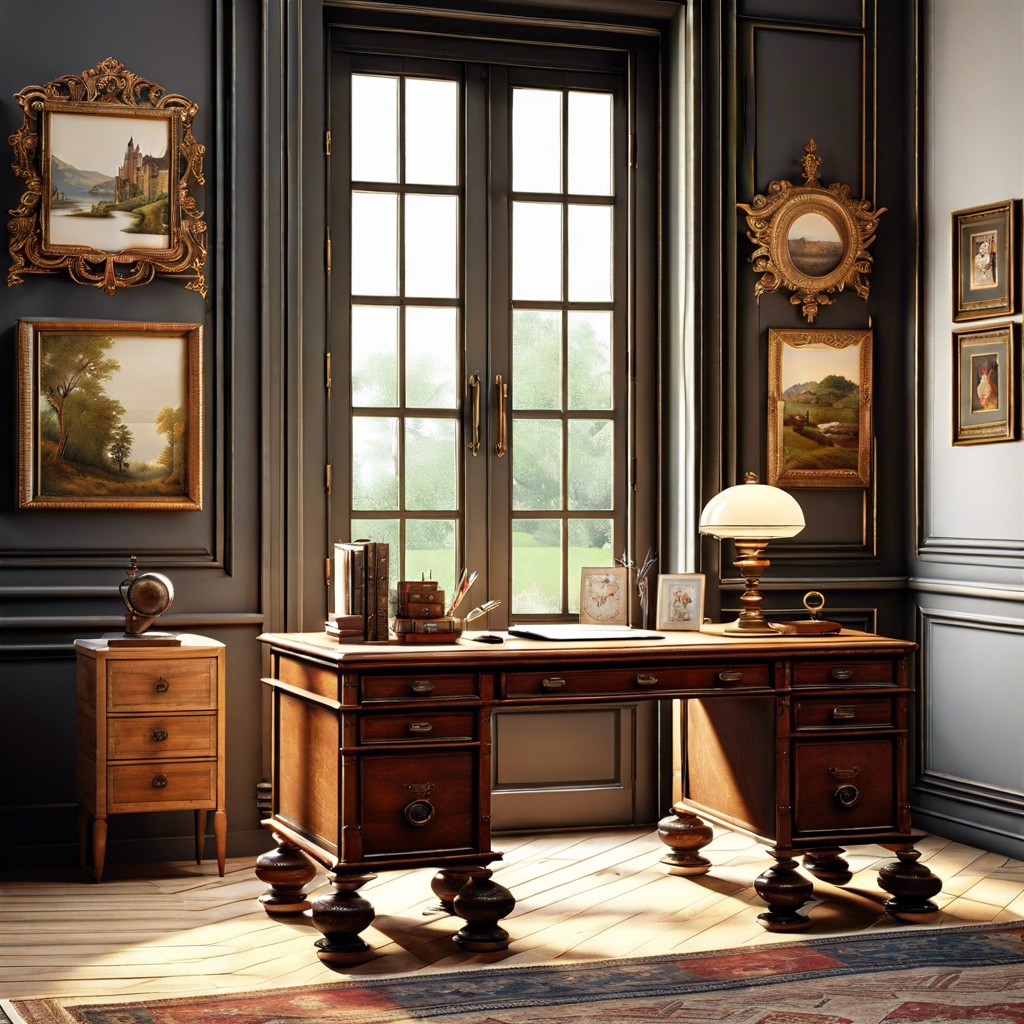 vintage charm use a refurbished vintage desk and antique decor for a classical look in front of a tall window