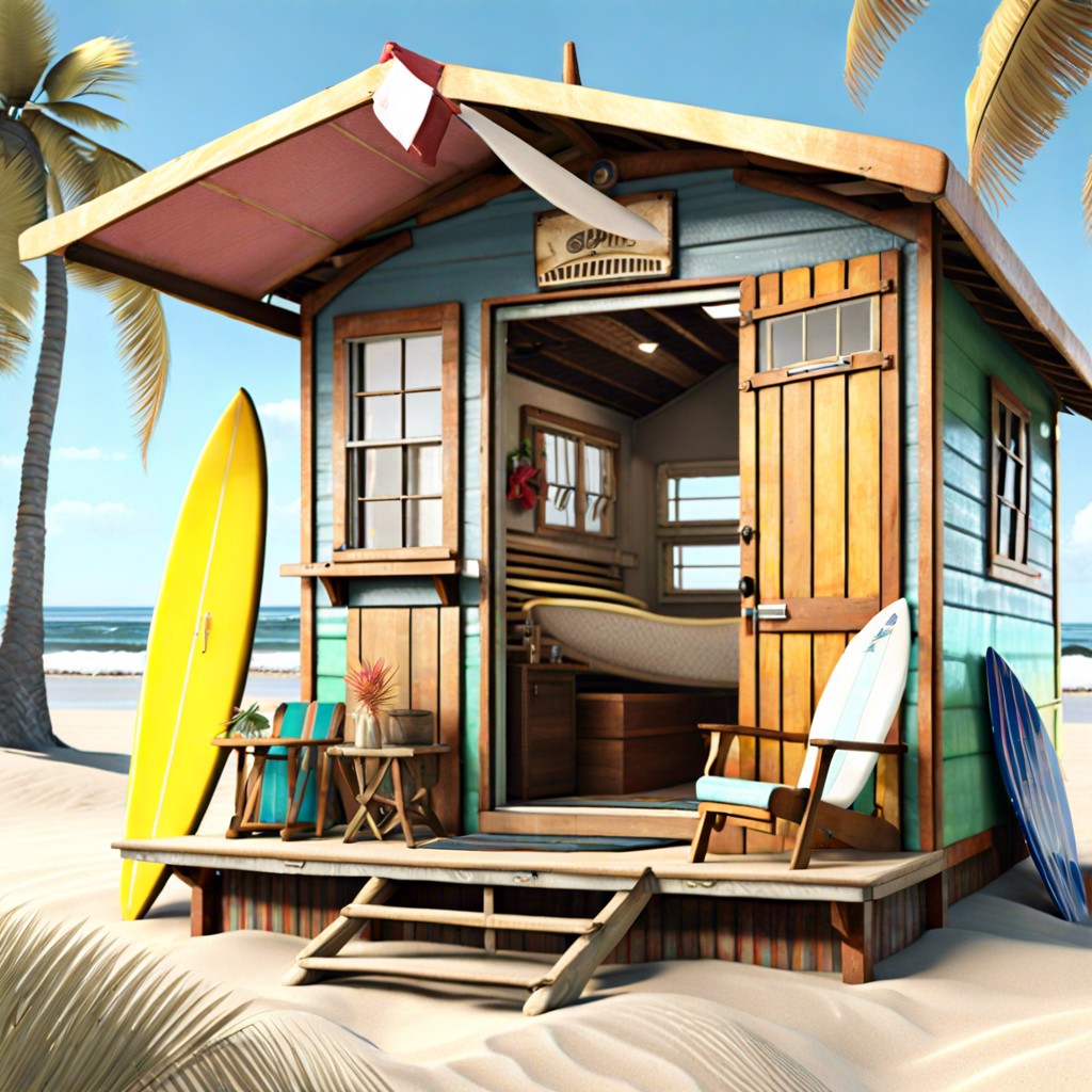 vintage surf shack with surfboards beach umbrellas and retro beachwear