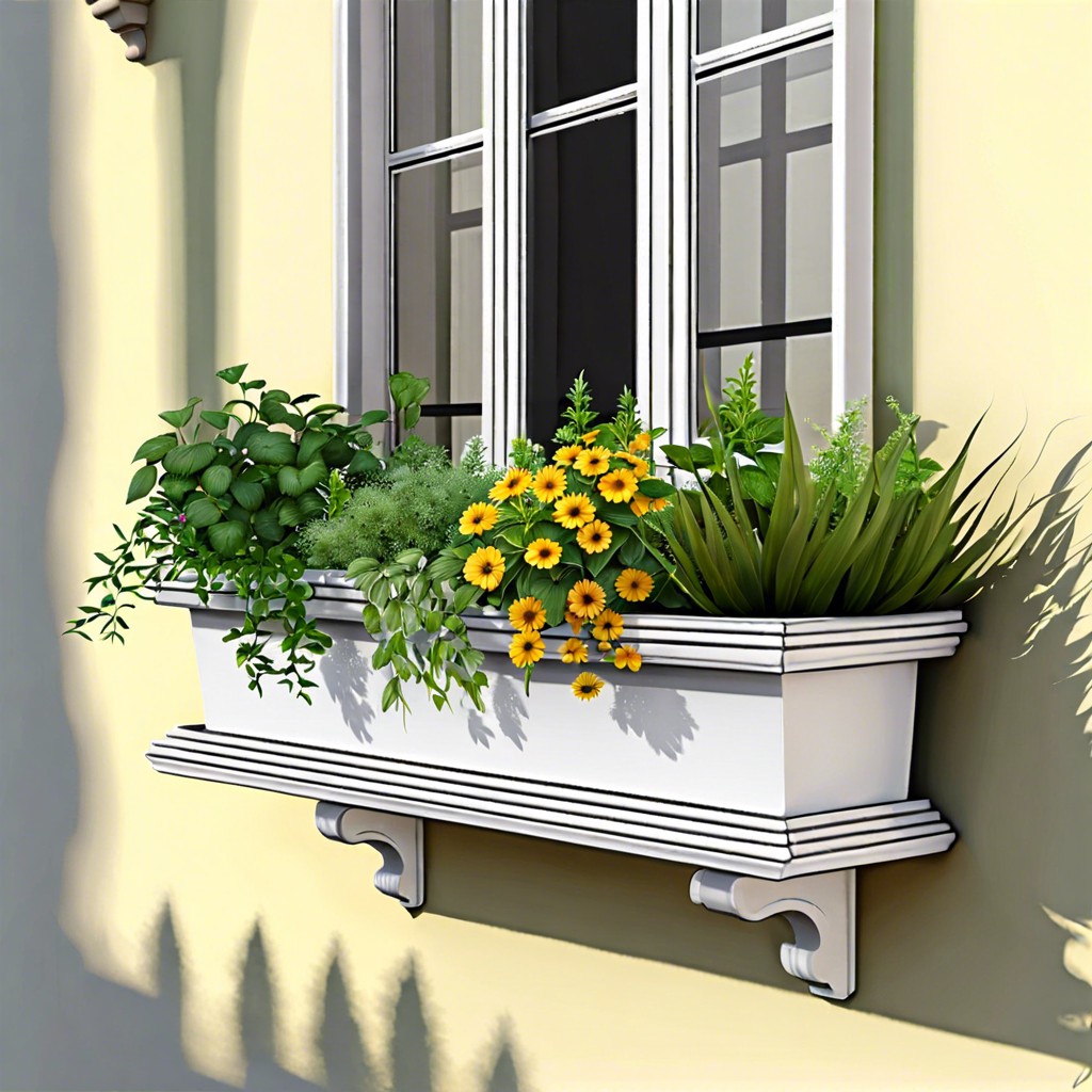 window box with hanging herb pots