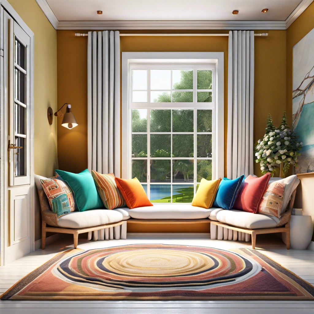 window seat with colorful throw pillows