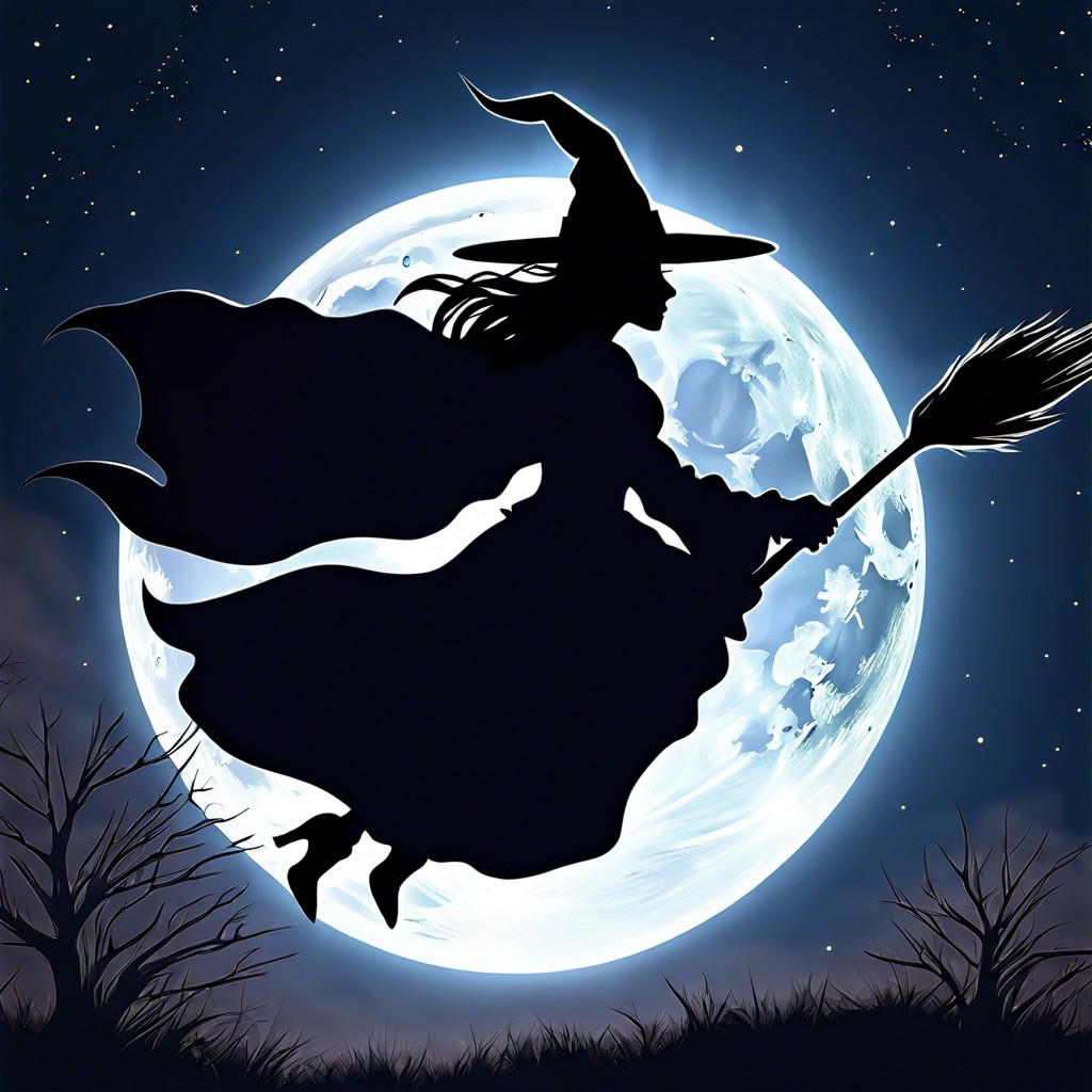 witch flying across a moonlit sky