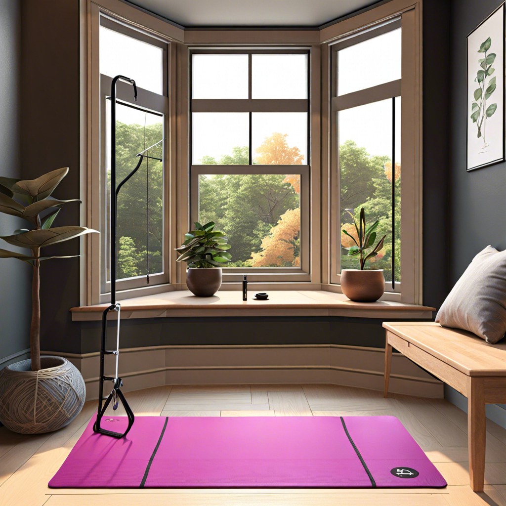 workout zone with a foldable yoga mat and hanging resistance bands