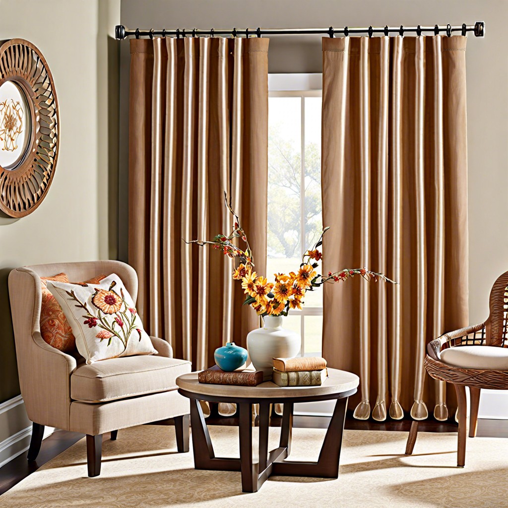 woven wood shades behind embroidered curtains