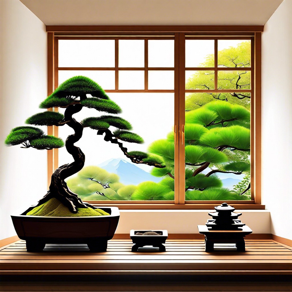 zen garden with bonsai trees
