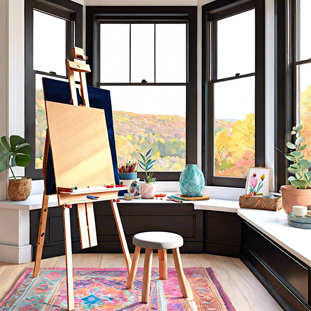 art studio seat with easel and supplies