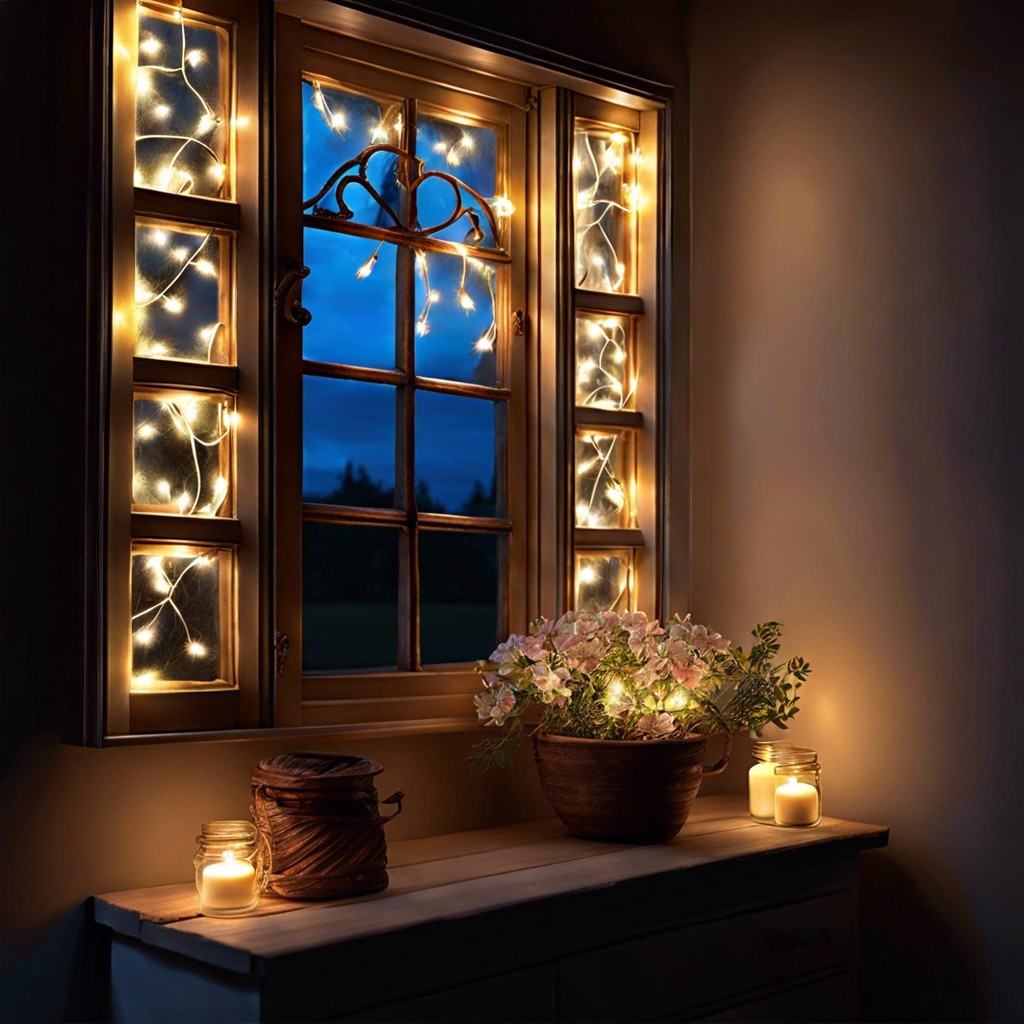 backlit window frames with fairy lights