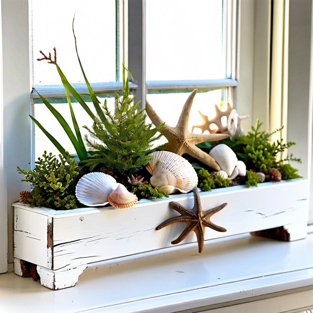 coastal themed with shells and driftwood