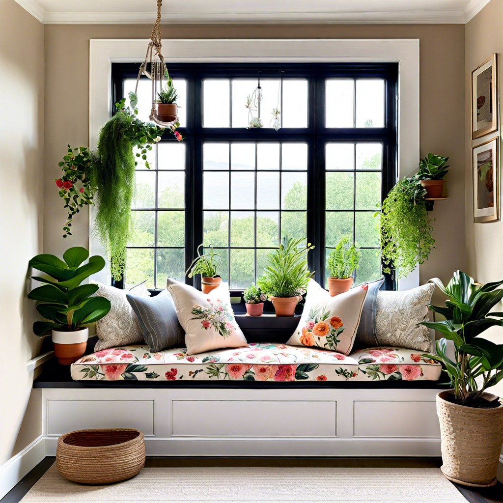 floral cushions and hanging plants