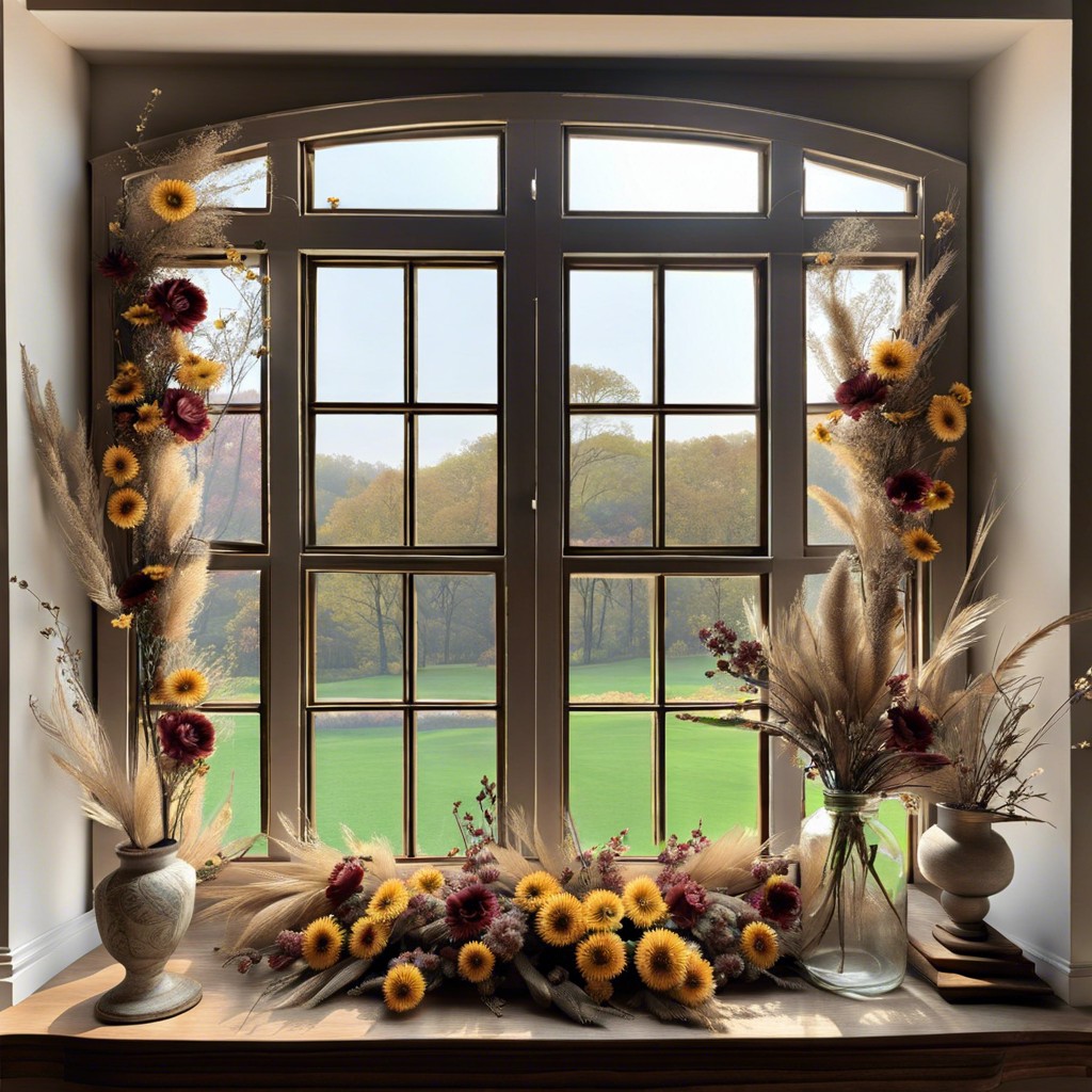hanging antique window frames with dried flowers