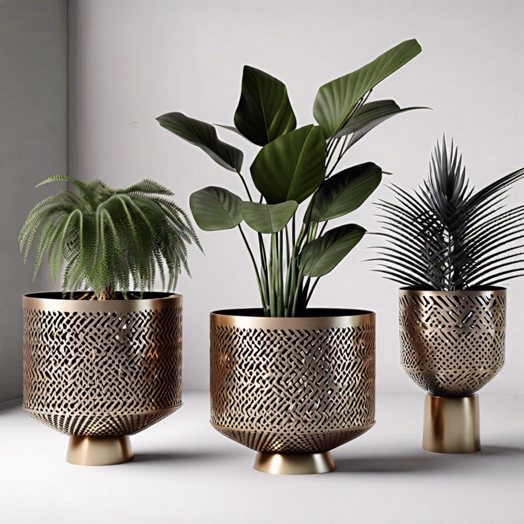 modern metal planter with geometric patterns