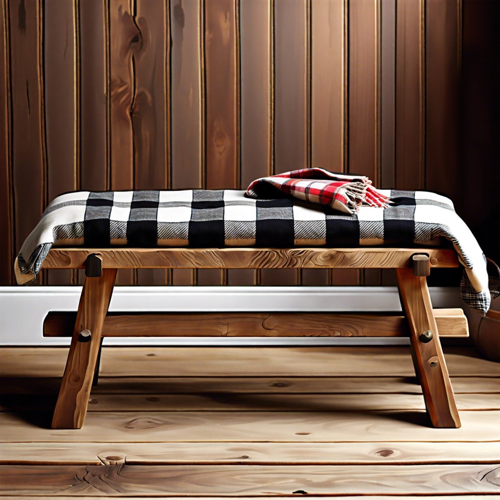 rustic wooden bench with plaid blankets