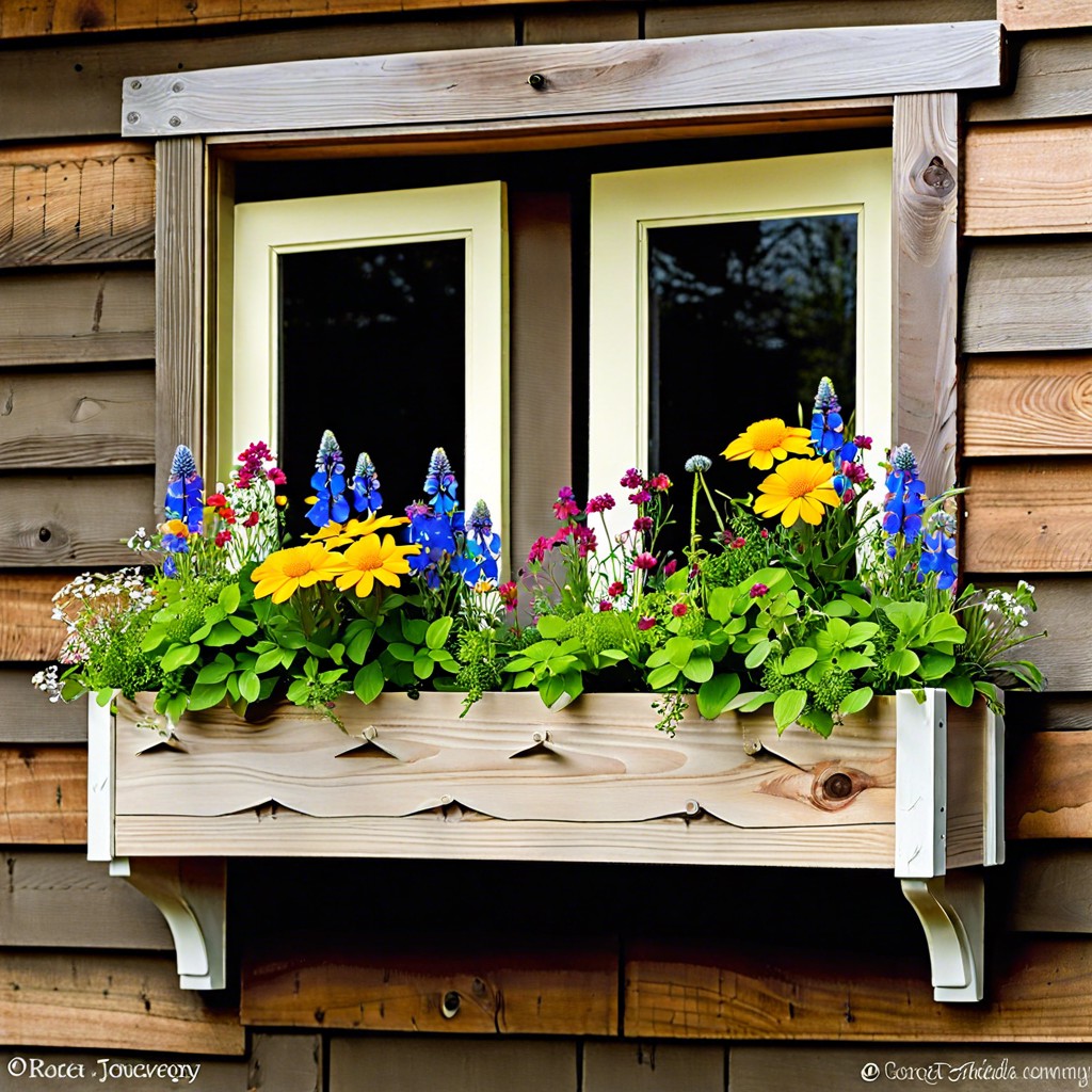 rustic wooden planter with wildflowers