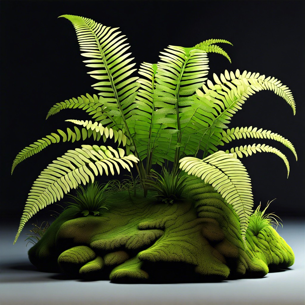 shaded ferns and moss