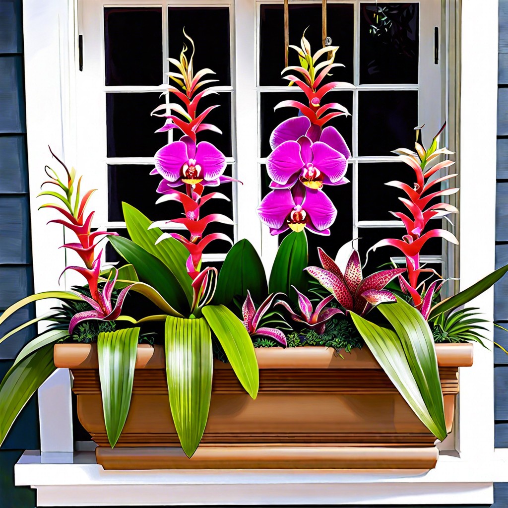 tropical plants with orchids and bromeliads