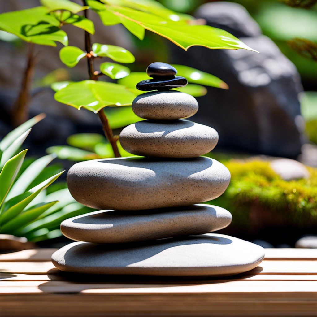 zen garden with small stones and bonsais