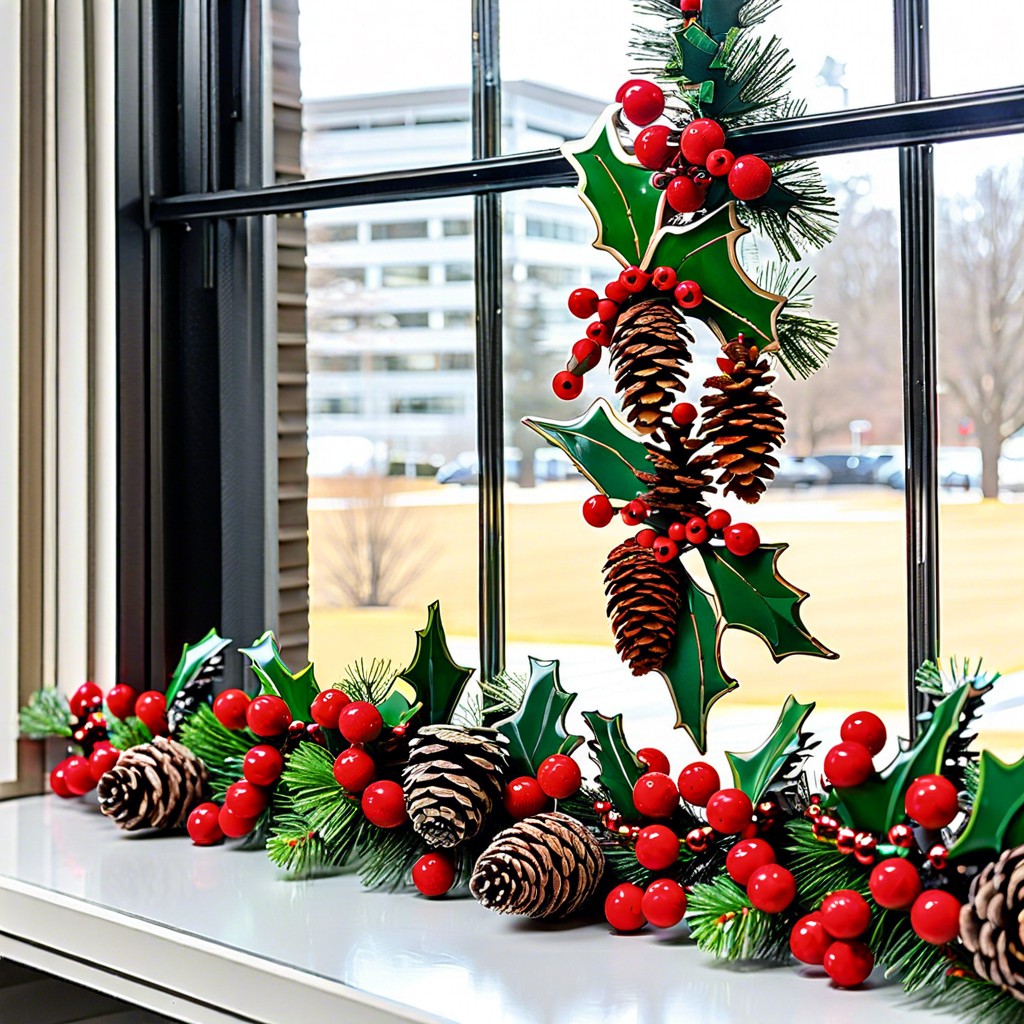 pinecone and holly window garland