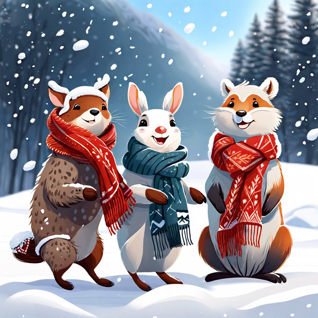 animals in winter scarves playing in the snow