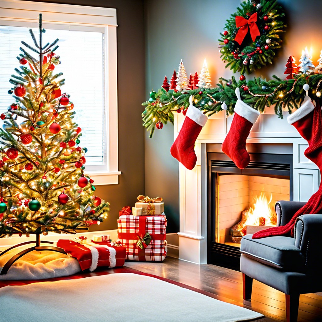 cozy fireplace with stockings and a christmas tree