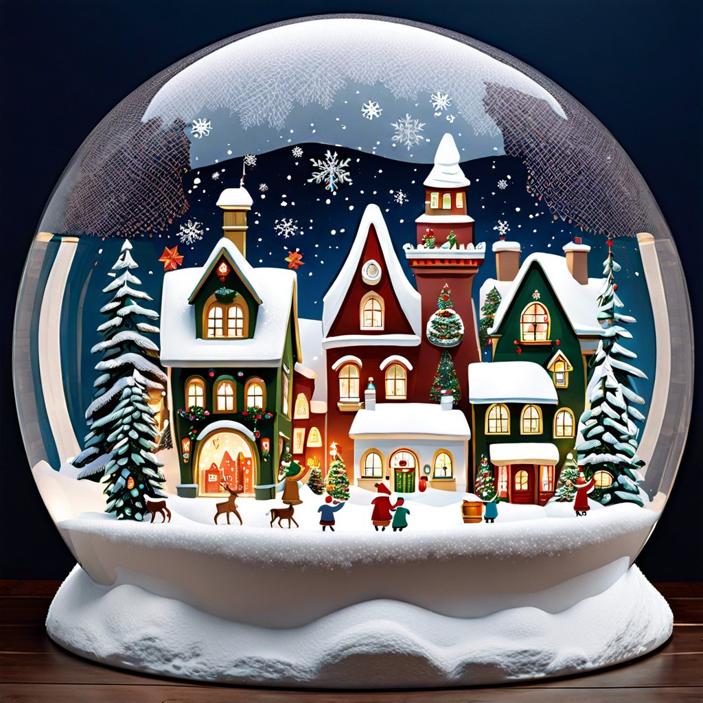 giant snow globe with a festive town inside