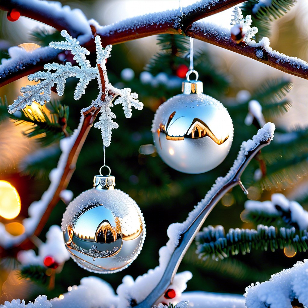 glistening ornaments hanging from frosty branches