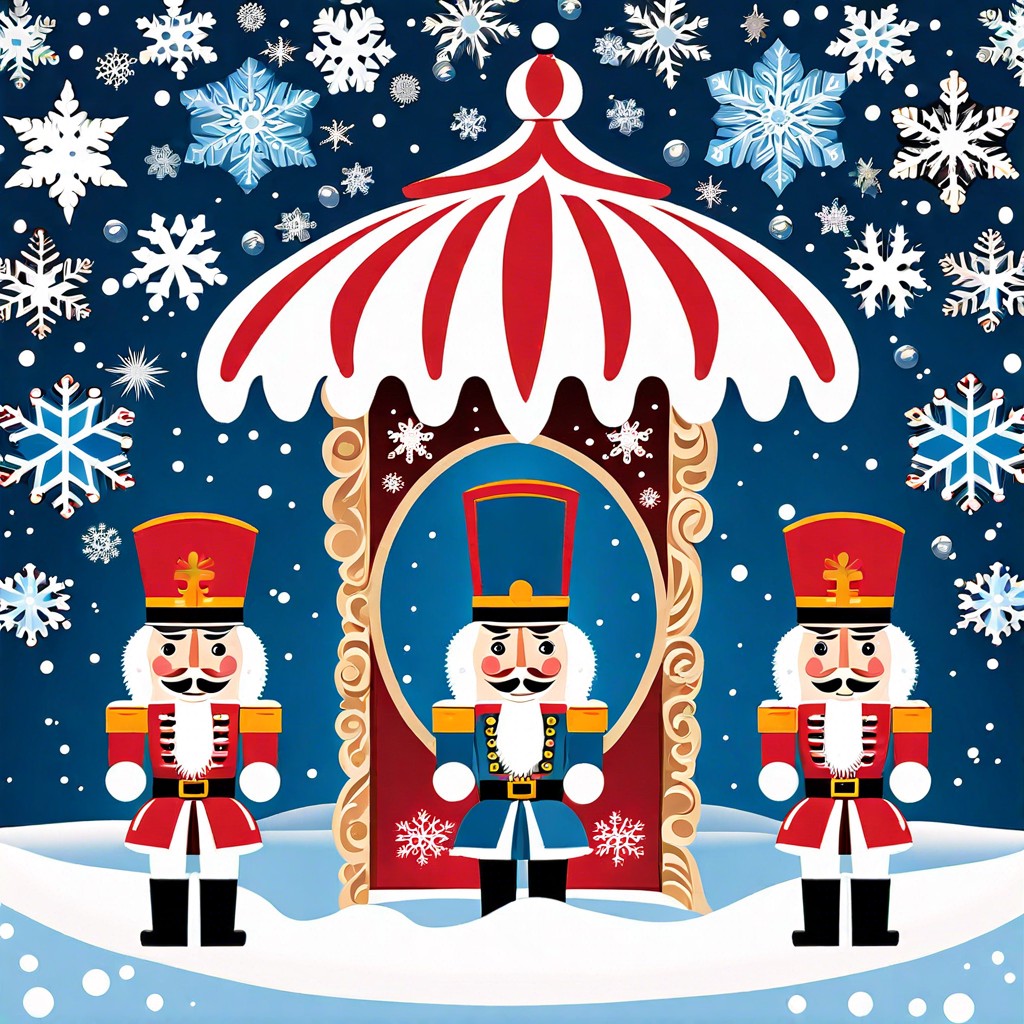 nutcracker ballet figures surrounded by snowflakes