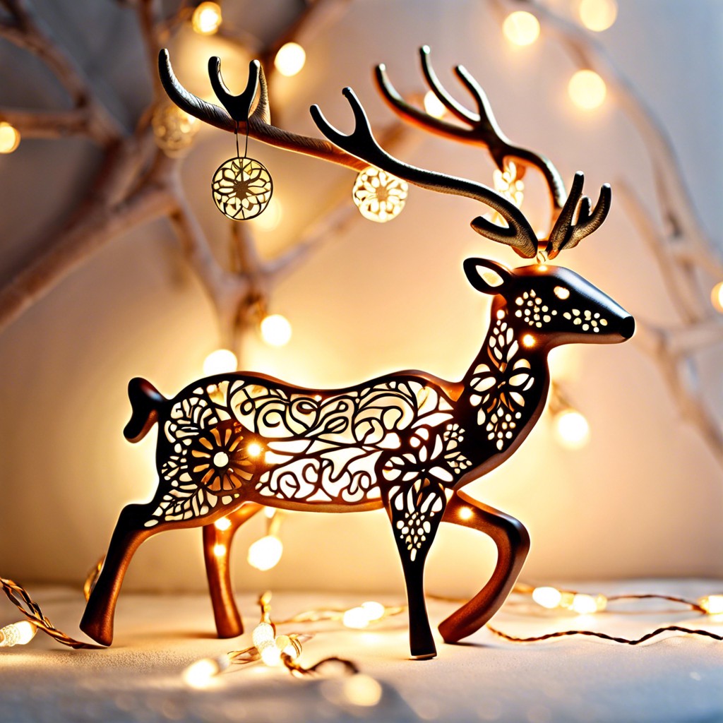 reindeer with ornate antlers tangled in fairy lights