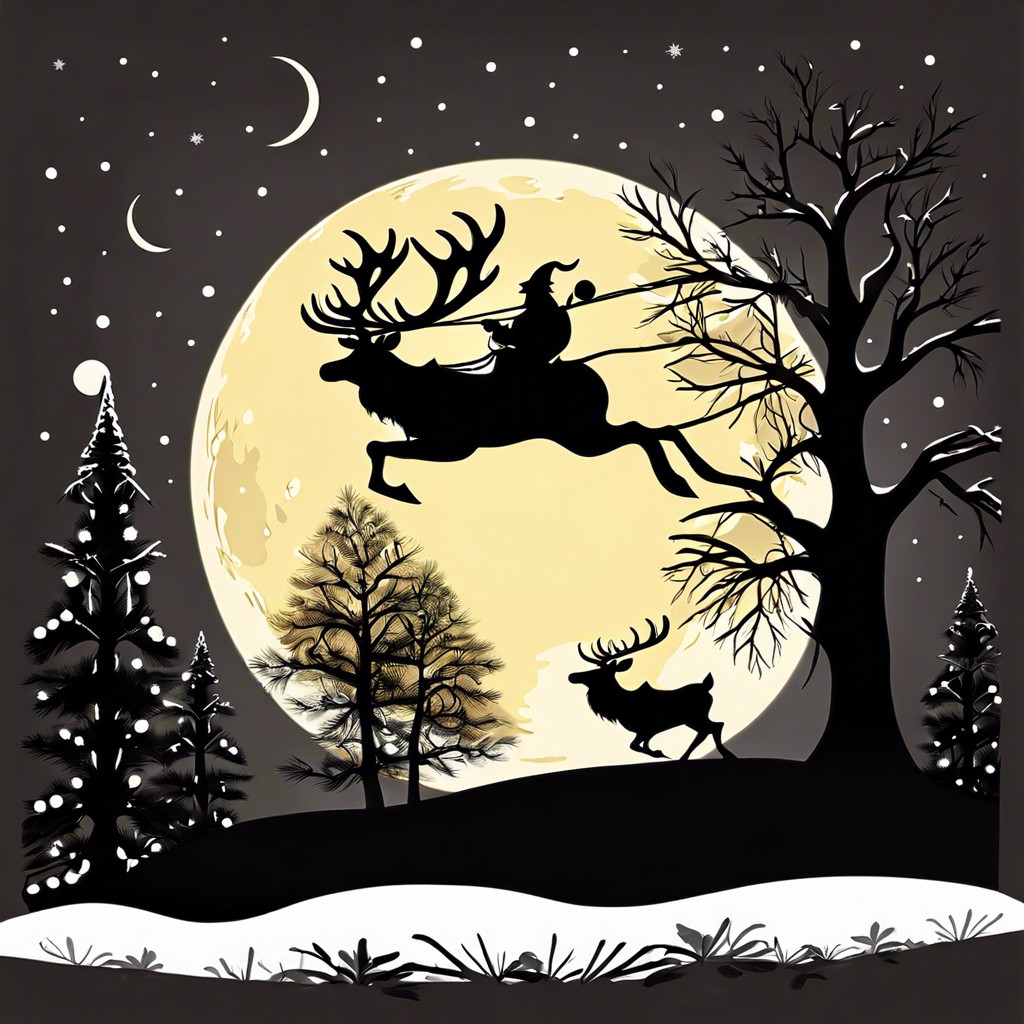 santas sleigh silhouetted against a full moon