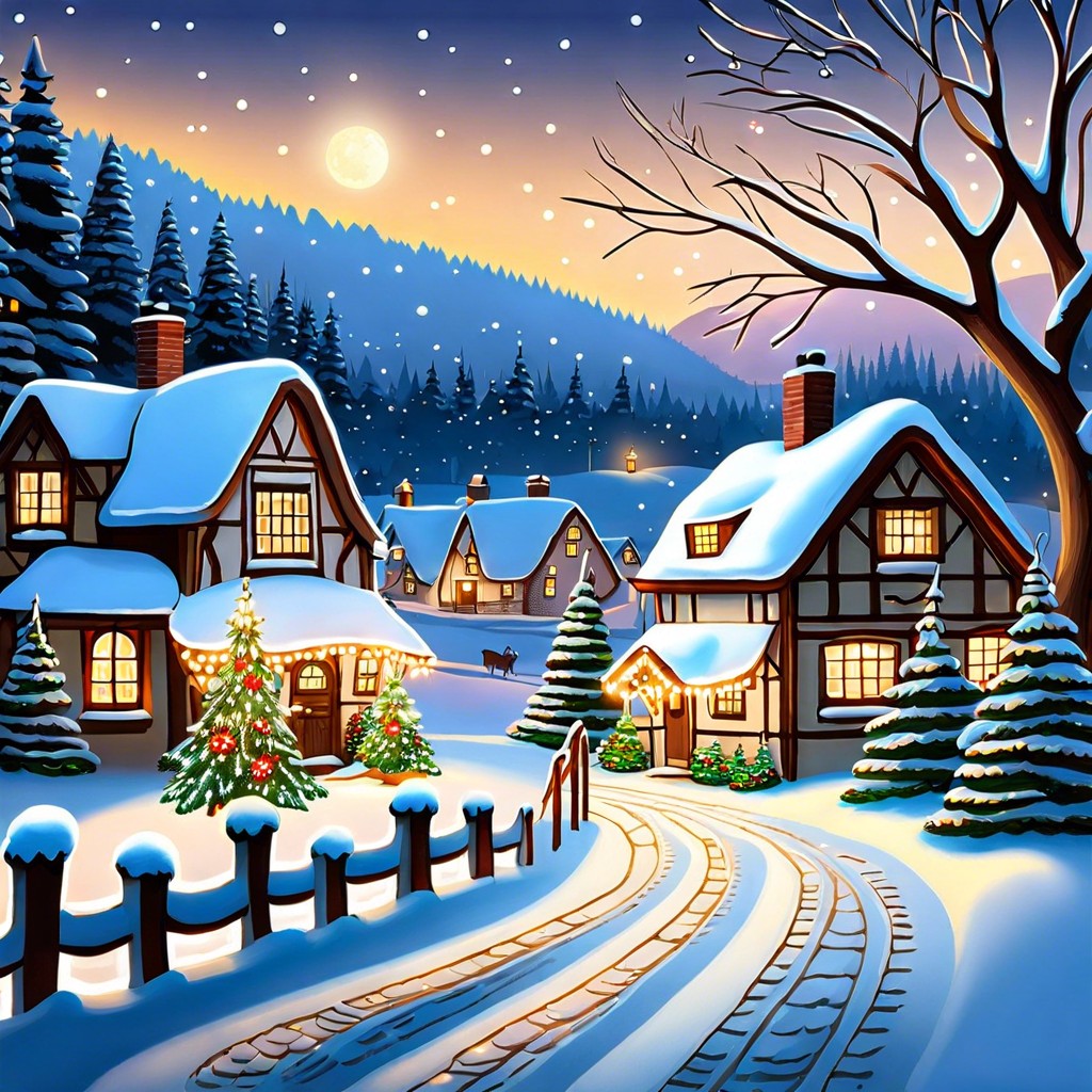 snowy village scene with twinkling lights