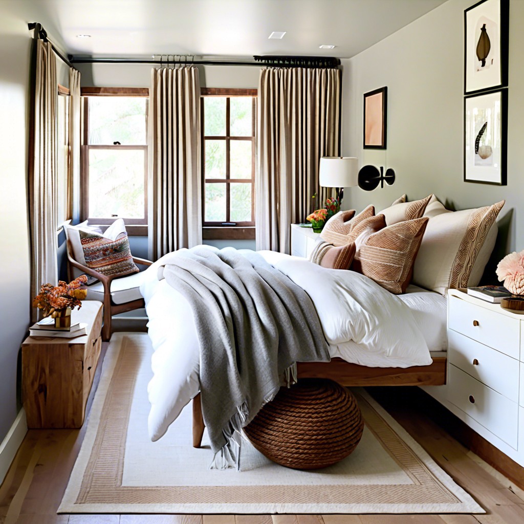 add a long narrow bench at the foot of the bed for balance