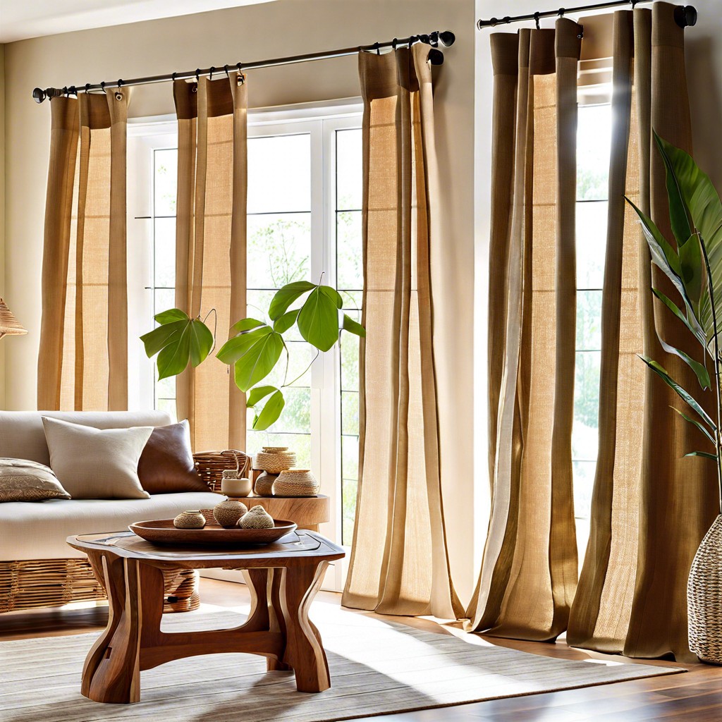 eco friendly hemp curtains with wooden accents